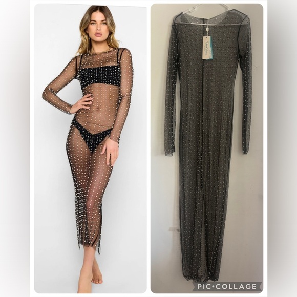 Beach Bunny Champagne Nights Pearl Mesh Cover Up Dress - Black NWT SIZE LARGE - Picture 1 of 4
